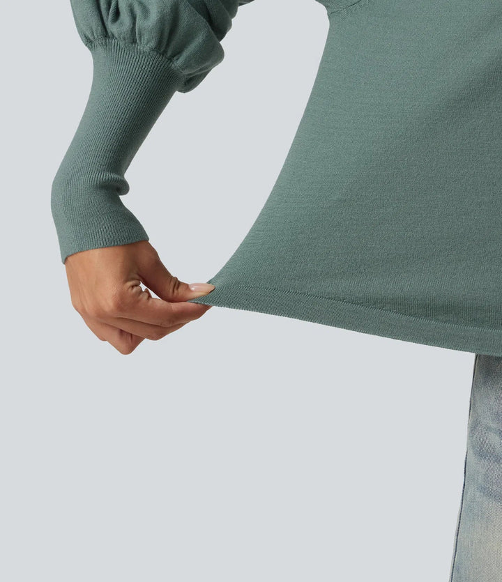 Henley Neck Puff Long Sleeve Relaxed Work Sweater