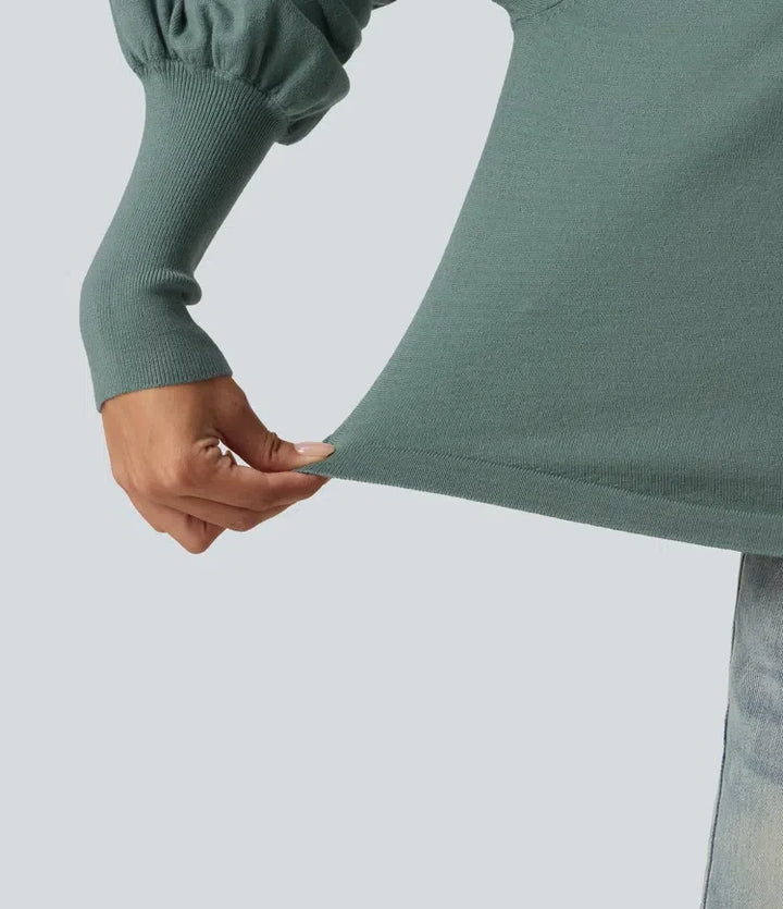 Henley Neck Puff Long Sleeve Relaxed Work Sweater