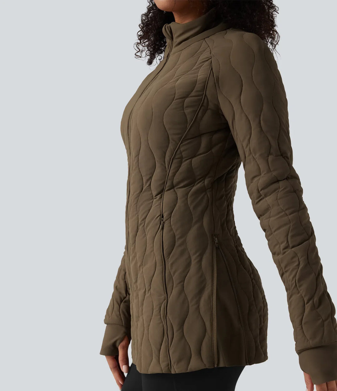 PuffFlex High Neck Long Sleeve Thumb Hole Zipper Workout Quilted Jacket with Pockets
