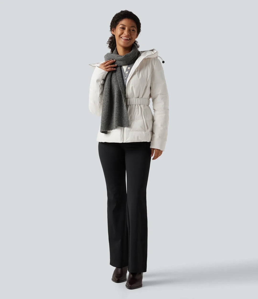 Hooded Long Sleeve Belted Work Down Jacket with Pockets