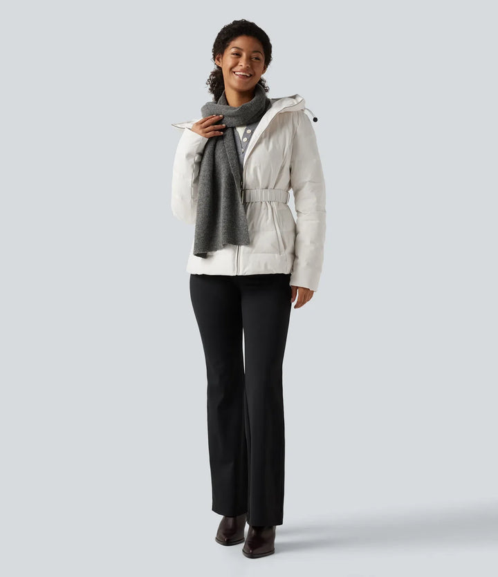 Hooded Long Sleeve Belted Work Down Jacket with Pockets
