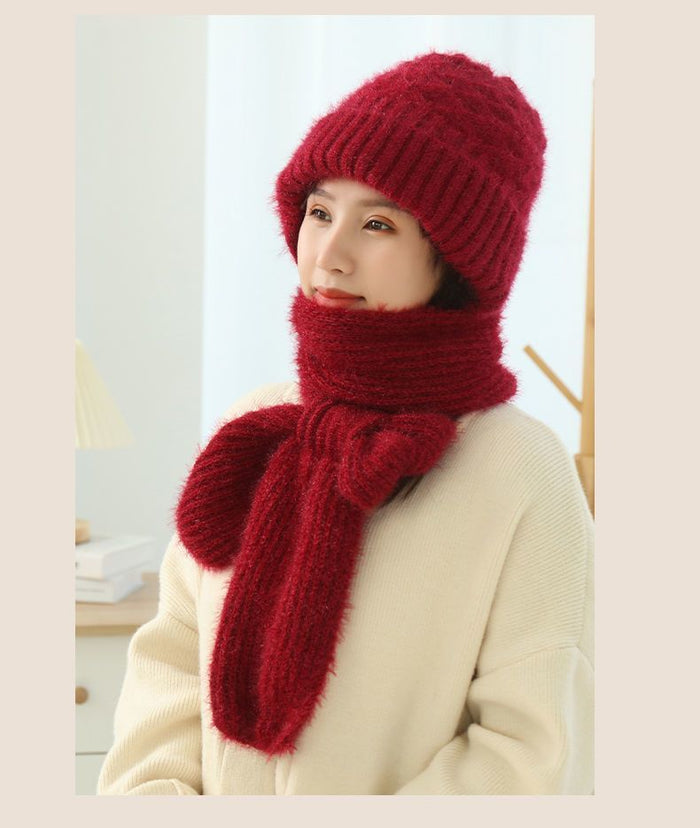 Madison | Knit Hooded Hat with Attached Scarf, Fleece Lined