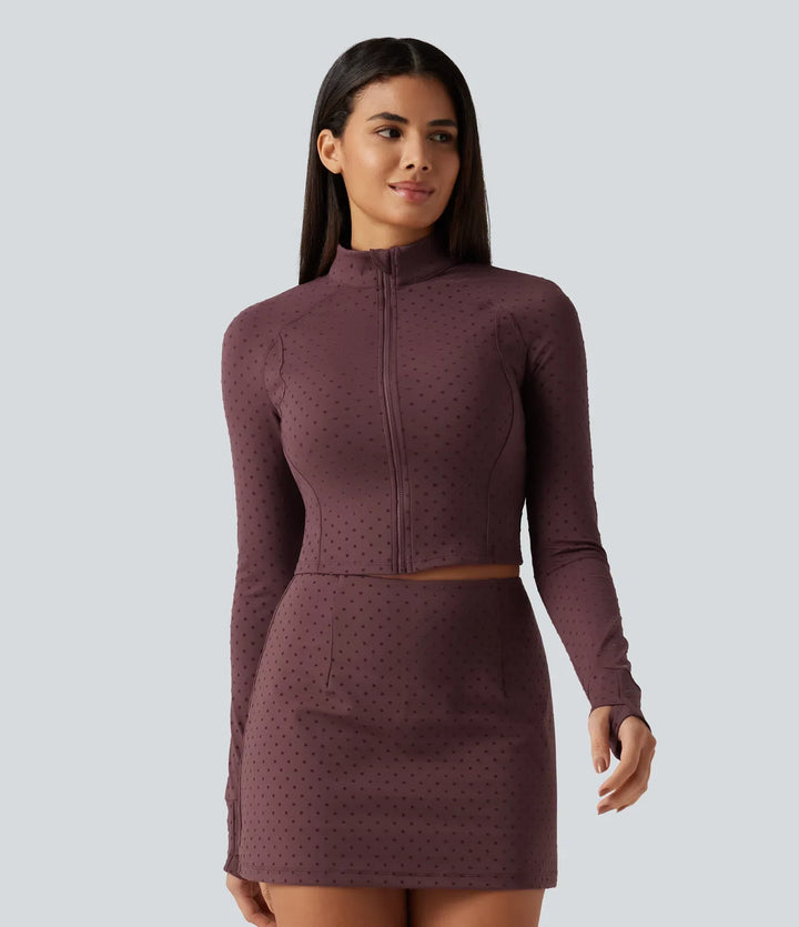 Stand Collar Long Sleeve Thumb Hole Polka Dot Velvet Yoga Jacket with Pocket
