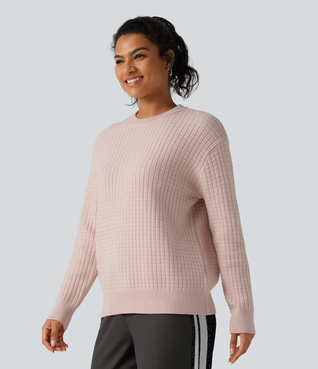 Round Neck Long Sleeve Waffle Casual Sweater
