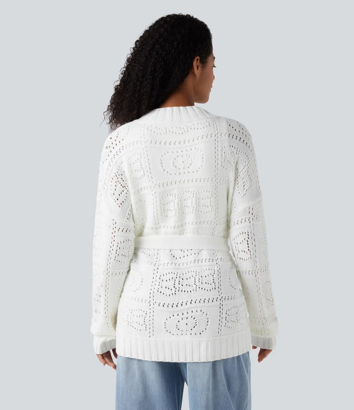 Open Front Long Sleeve Belted Sweater Knit Casual Cardigan