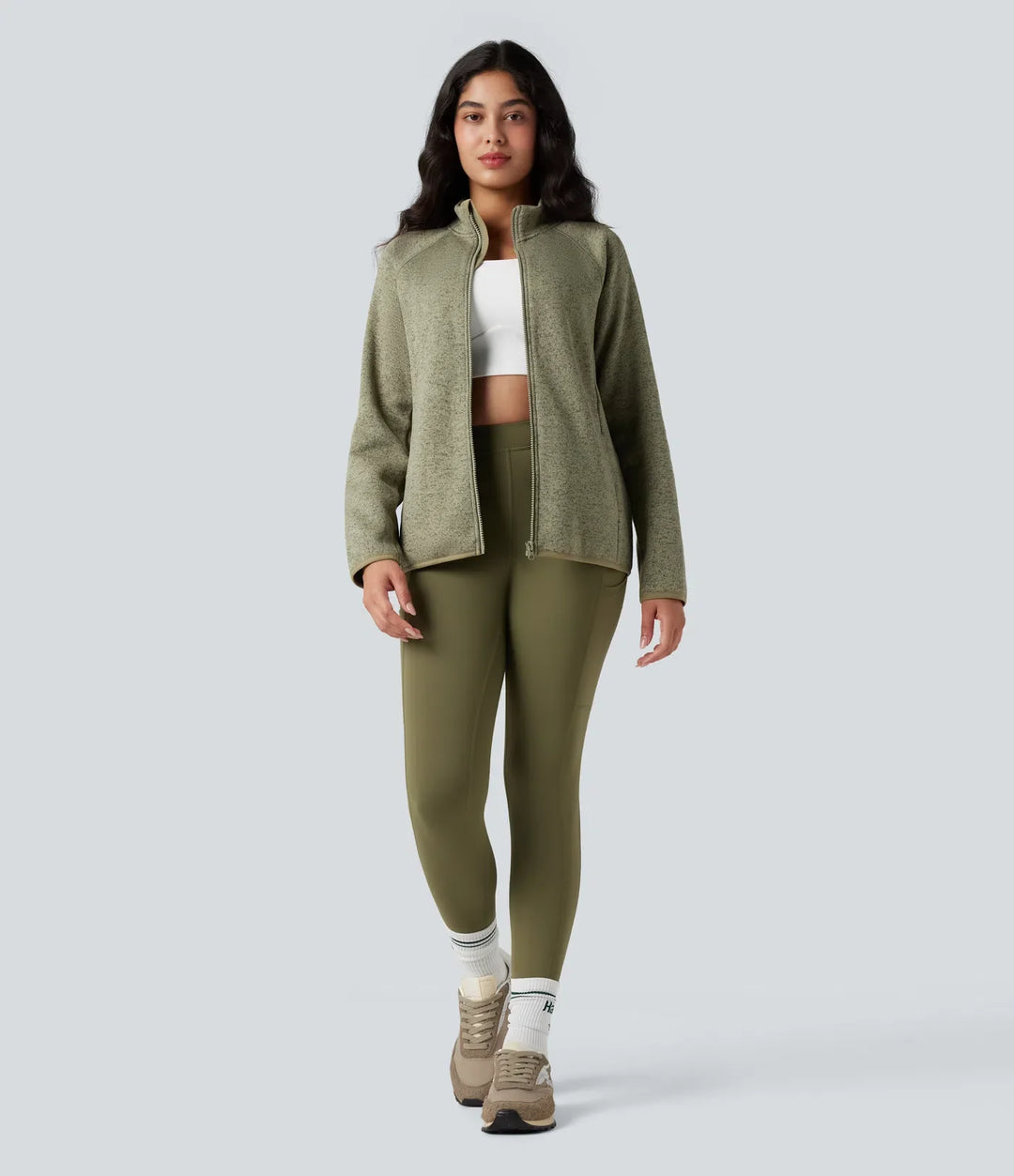 Stand Collar Long Sleeve Zip Fly Hiking Fleece Heathered Jacket with Pockets