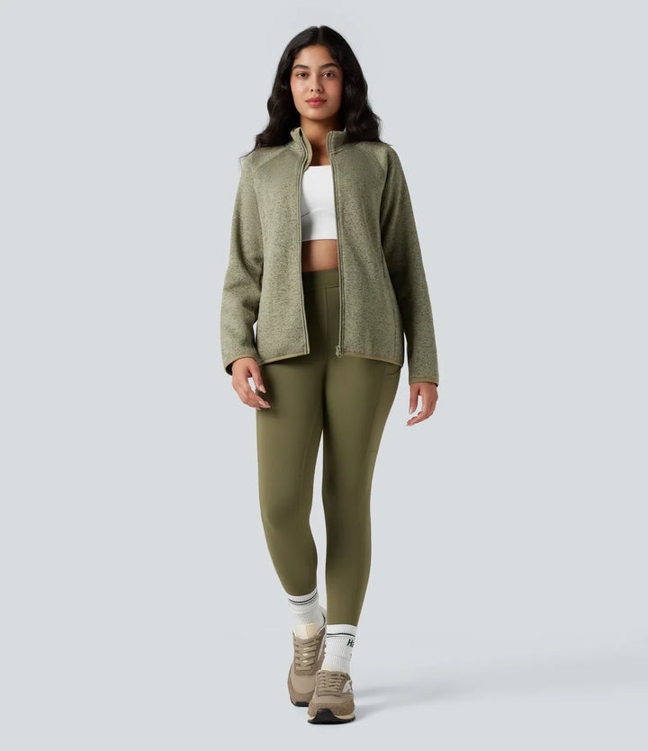 Stand Collar Long Sleeve Zip Fly Hiking Fleece Heathered Jacket with Pockets