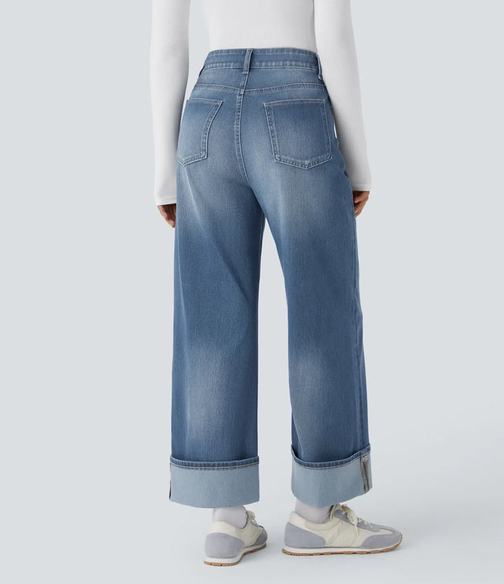 Halara Flex High Waisted Pockets Adjustable Hem Wide Leg Washed Casual Jeans