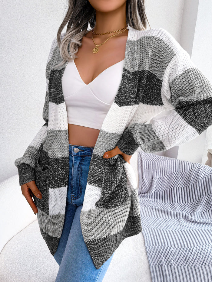 Madison | Open Front Striped Cardigan with Lantern Sleeves