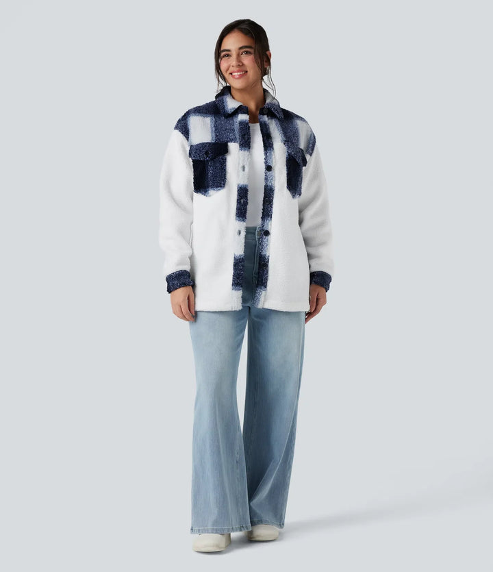 Long Sleeve Plaid Color Block Casual Sherpa Jacket with Pockets