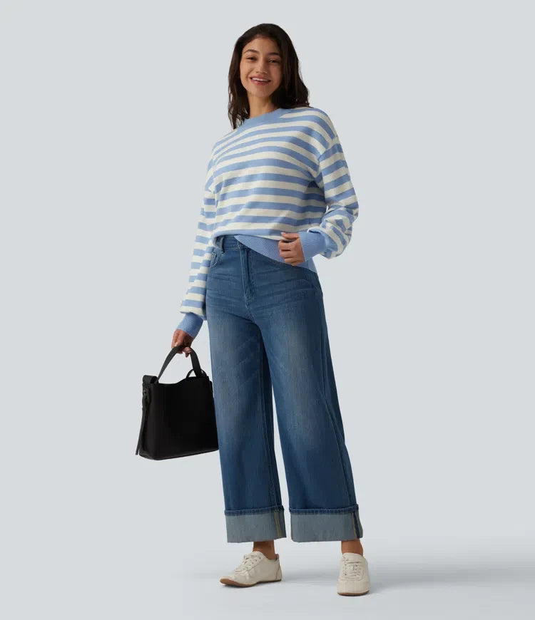 Round Neck Long Sleeve Stripe Casual Sweater