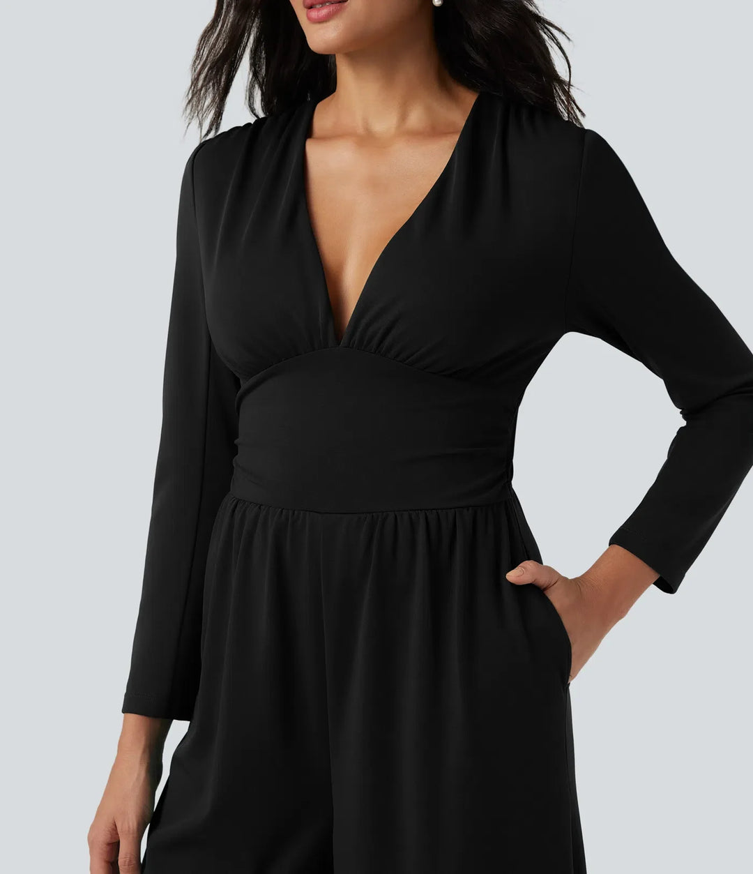 V Neck Long Sleeve Ruched Jumpsuit with Pockets-Easy Peezy Edition
