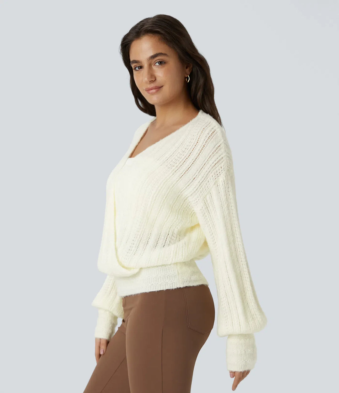Sheer V Neck Long Sleeve Work Sweater-Front and Back Wearable