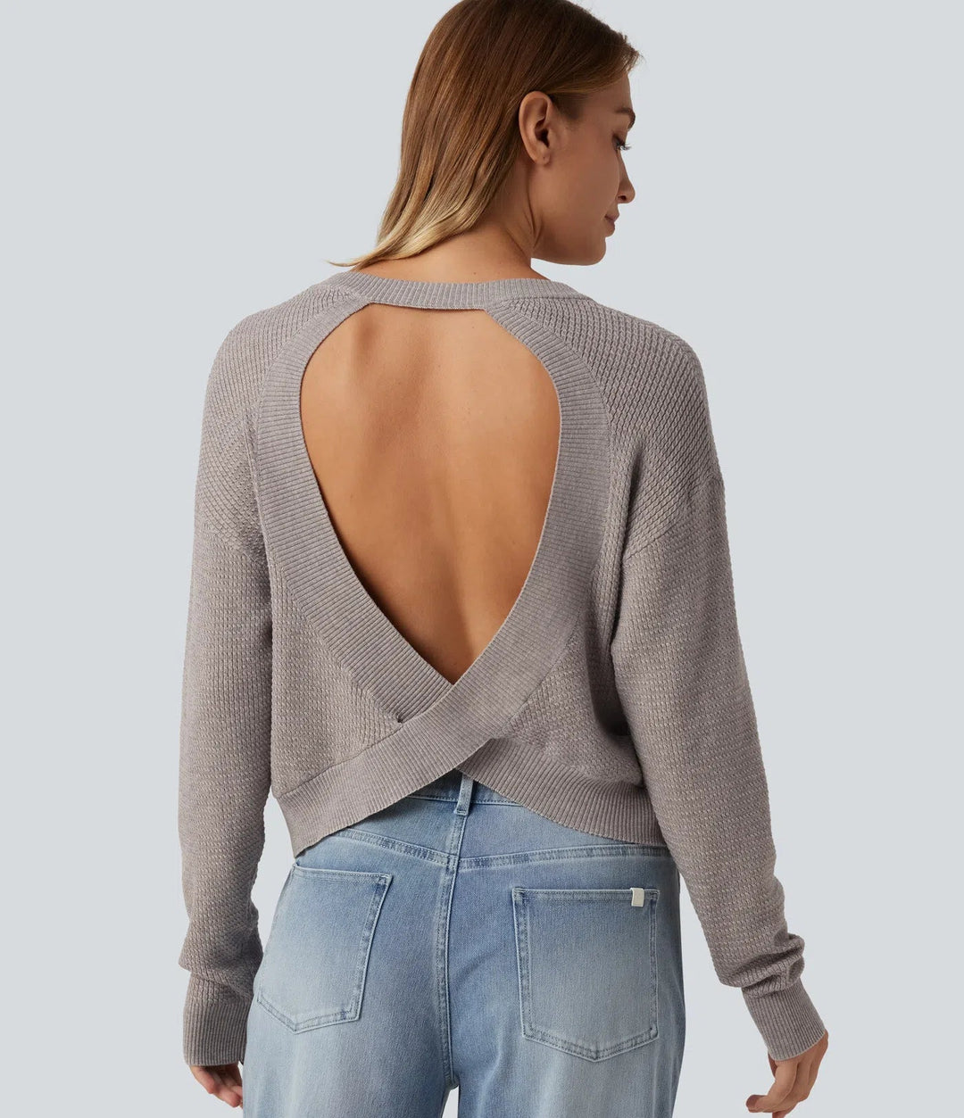 Round Neck Long Sleeve Cut-Out Back Casual Sweater