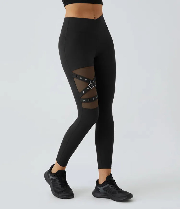 DayStretch High Waisted Crossover Contrast Mesh Decorative Buckle Yoga Leggings