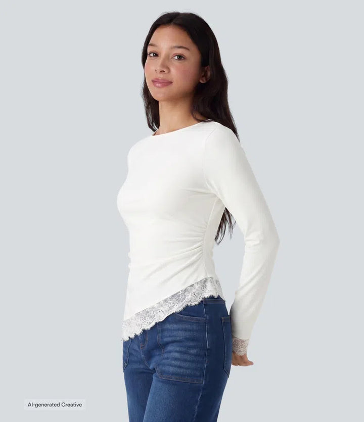 Boat Neck Long Sleeve Contrast Lace Asymmetric Hem Casual Top