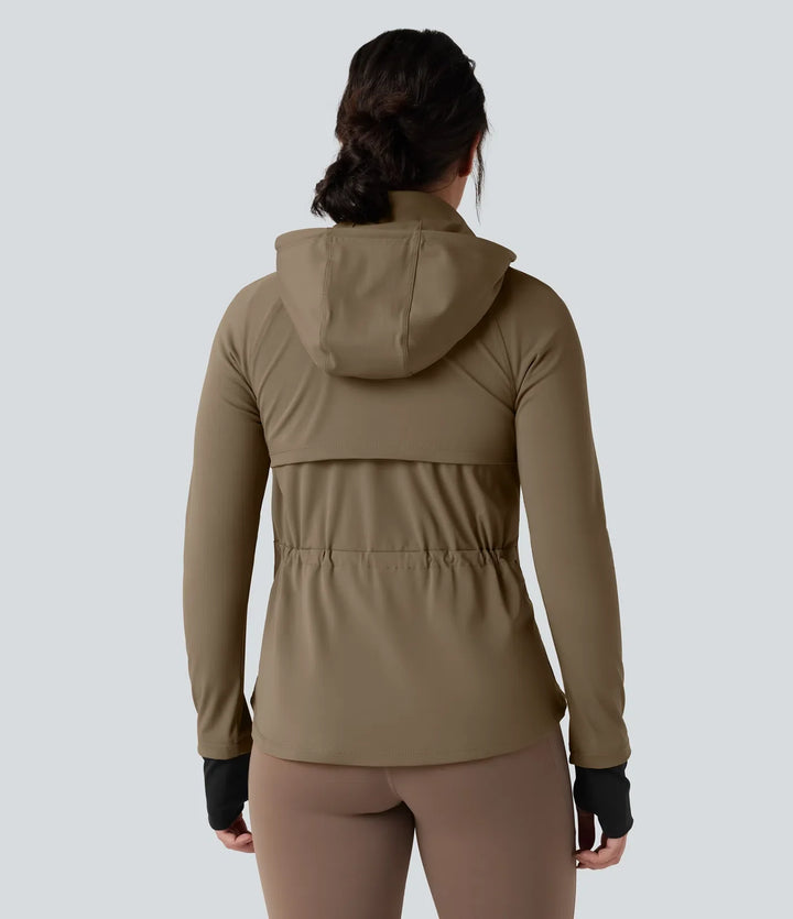 Removable Hood Thumb Holes Drawstring 2-Way Zipper Hiking Jacket with Pockets
