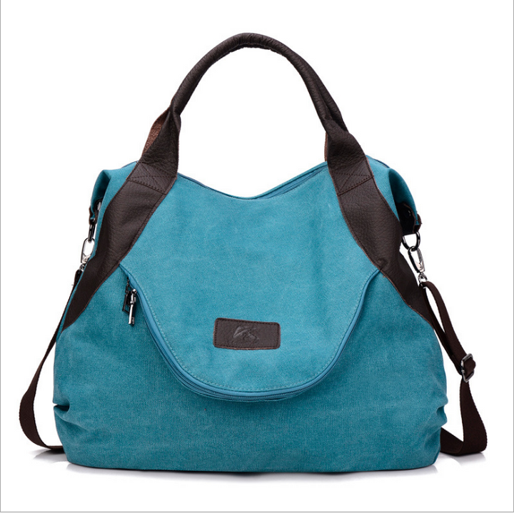 Lake blue canvas shoulder bag with contrast handles