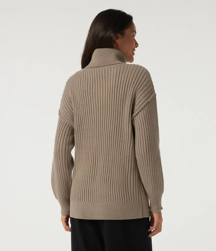 High Neck Long Sleeve Dropped Shoulder Casual Wool-Blend Sweater