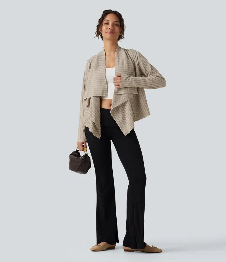 Ribbed Knit Collared Open Front Long Sleeve Casual Cardigan