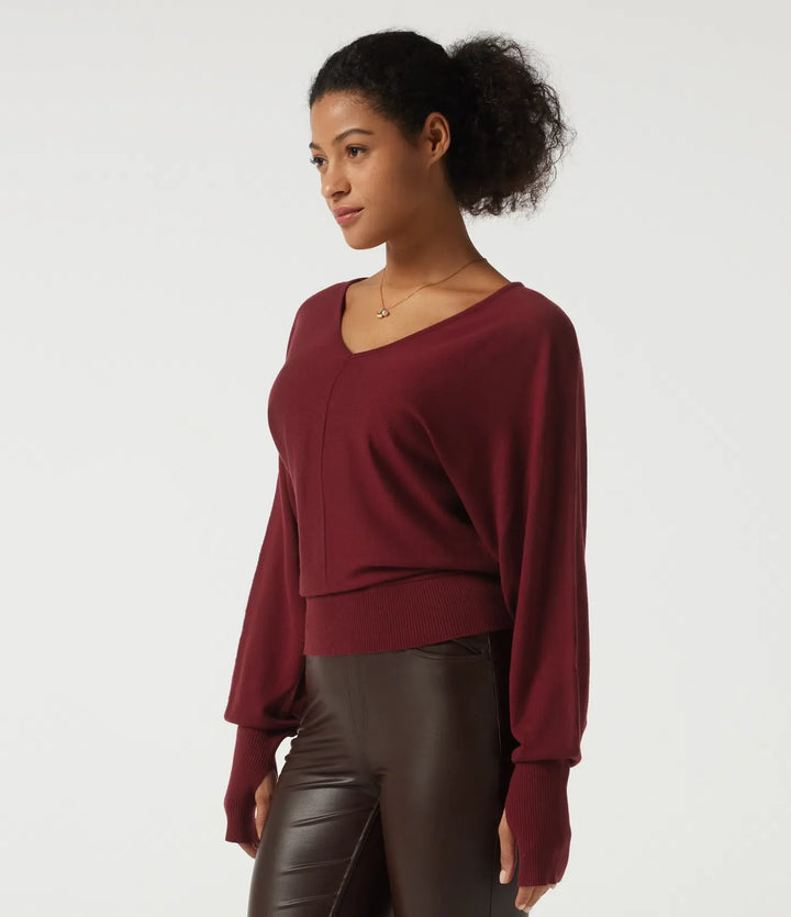 V Neck Batwing Long Sleeve Casual Sweater with Thumbholes