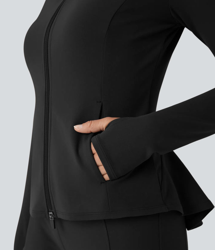DayStretch Stand Collar Zipper Thumb Hole Ruffle Hem Slim Jacket with Pockets