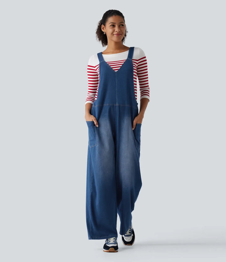 Halara Flex V Neck Wide Leg Denim Casual Overalls with Pockets