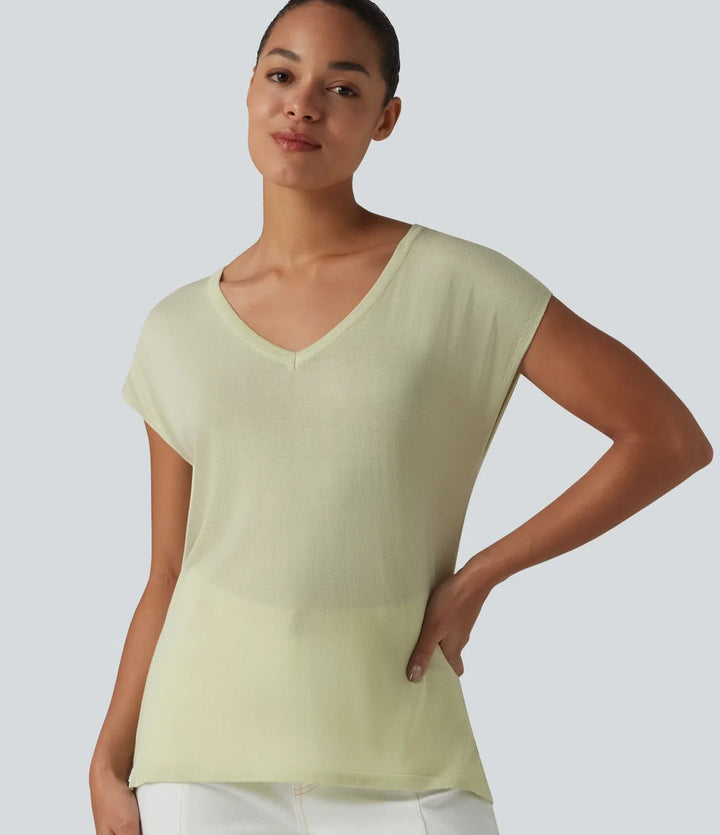 V Neck Short Sleeve Work Sweater