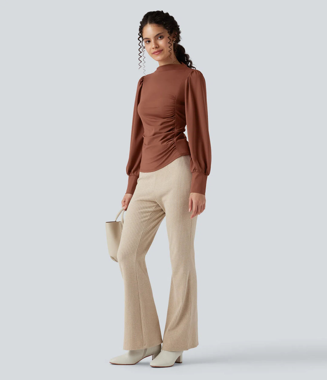 Mock Neck Long Sleeve Ruched Casual Top