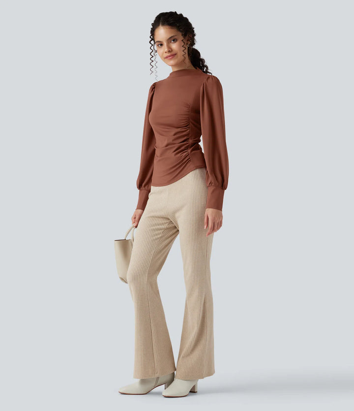 Mock Neck Long Sleeve Ruched Casual Top