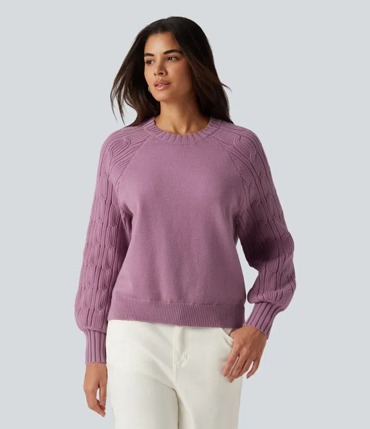 Round Neck Long Sleeve Slit Hem Casual Sweater