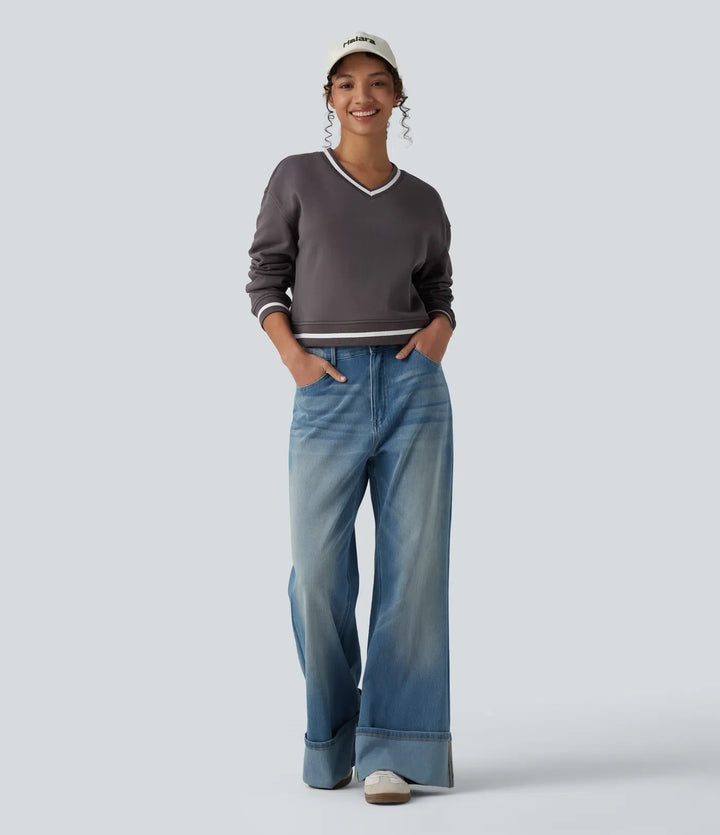 V Neck Long Sleeve Color Block Casual Cotton Sweatshirt