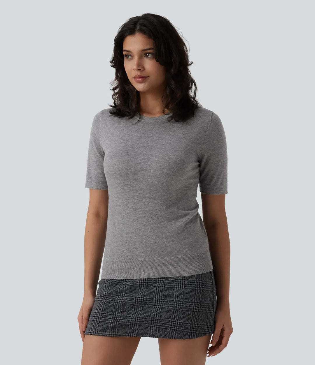 Round Neck Short Sleeve Slim Work Silk-Wool Blend Sweater