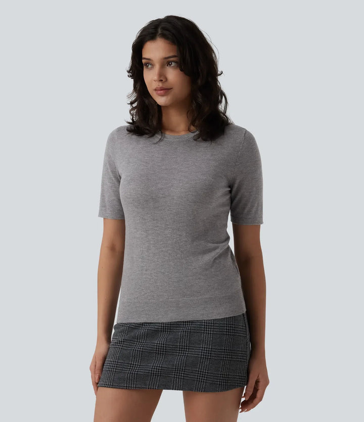 Round Neck Short Sleeve Slim Work Silk-Wool Blend Sweater