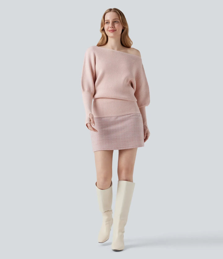 One Shoulder Long Sleeve Thumb Hole Casual Sweater
