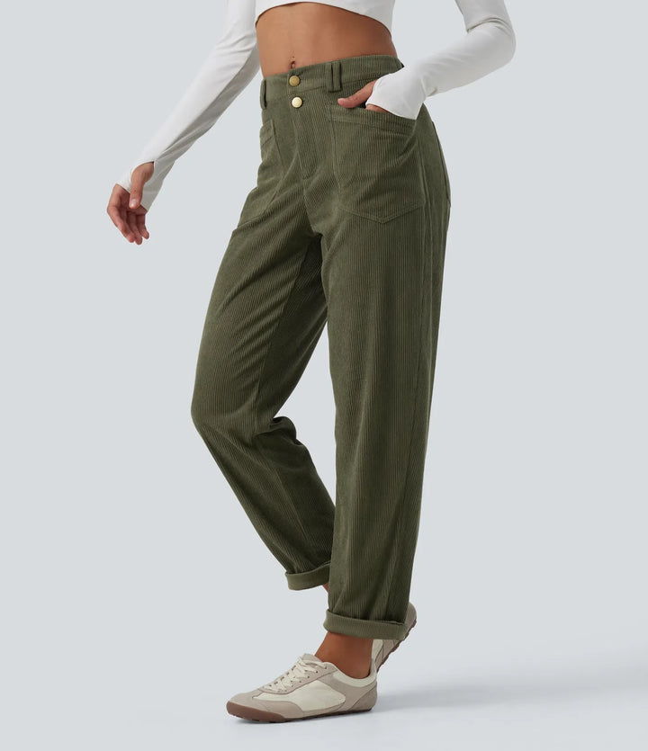 Mid Rise Tapered Corduroy Casual Pants with Pockets