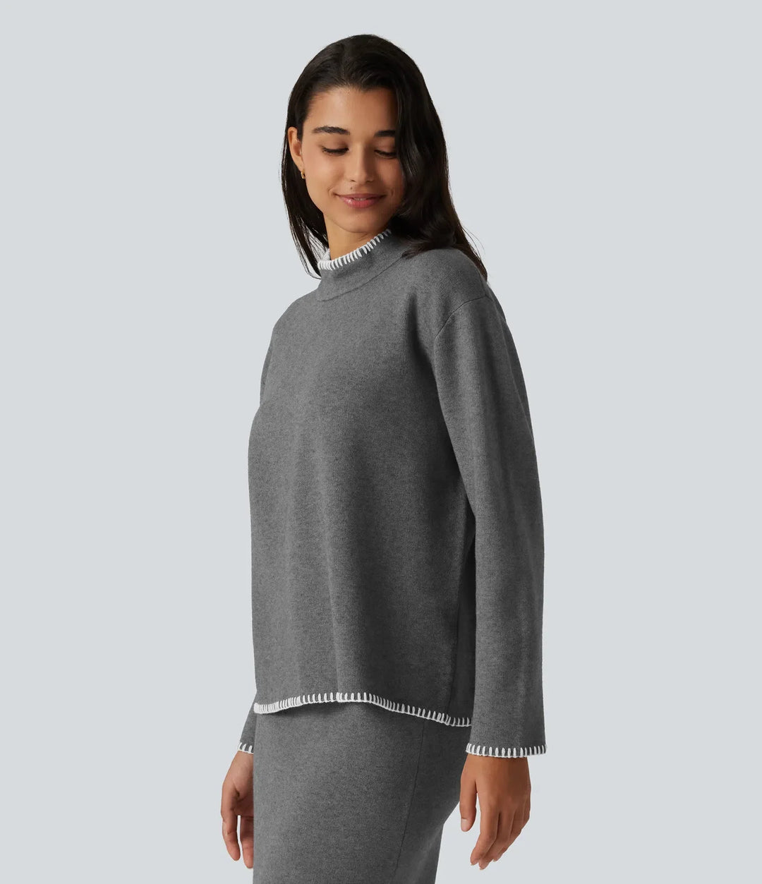 Stand Collar Long Sleeve Crochet Work Sweater