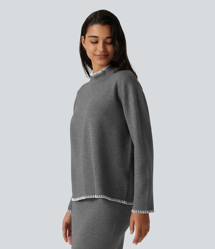 Stand Collar Long Sleeve Crochet Work Sweater