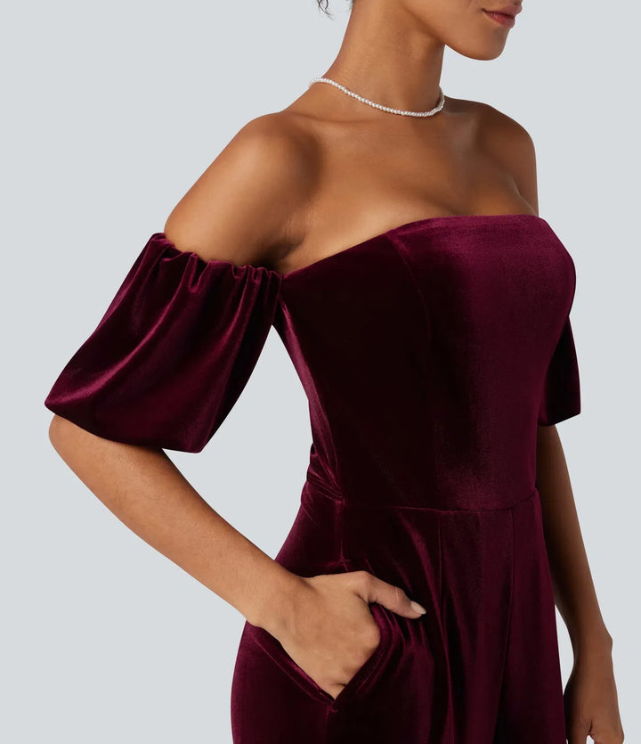 Tube Puff Sleeve Split Velvet Party Jumpsuit-Easy Peezy