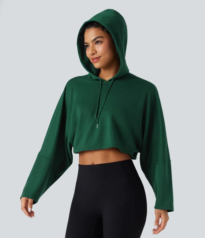 Hooded Dropped Shoulder Cropped Relaxed Casual Sweatshirt