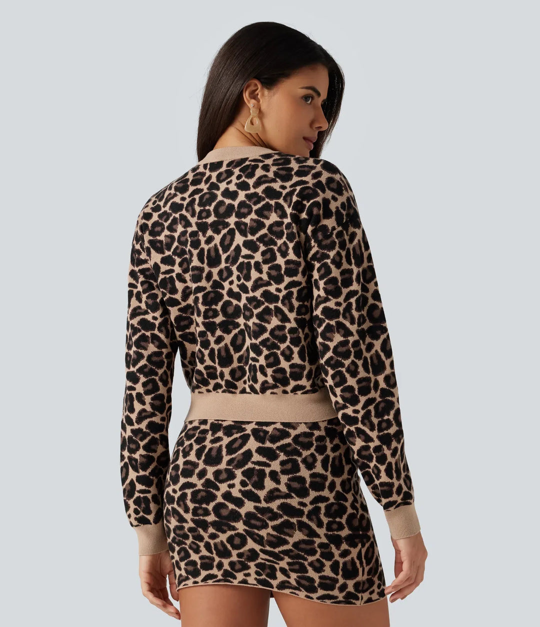 Round Neck Long Sleeve Leopard Print Casual Cardigan