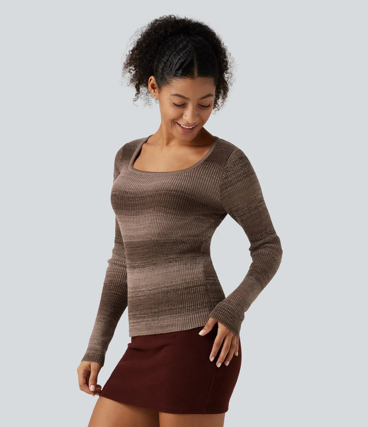 Square Neck Long Sleeve Gradient Stirpe Casual Sweater