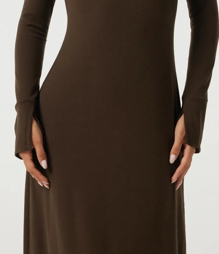 High Neck Long Sleeve Asymmetric Thermal Casual Bodycon Midi Dress