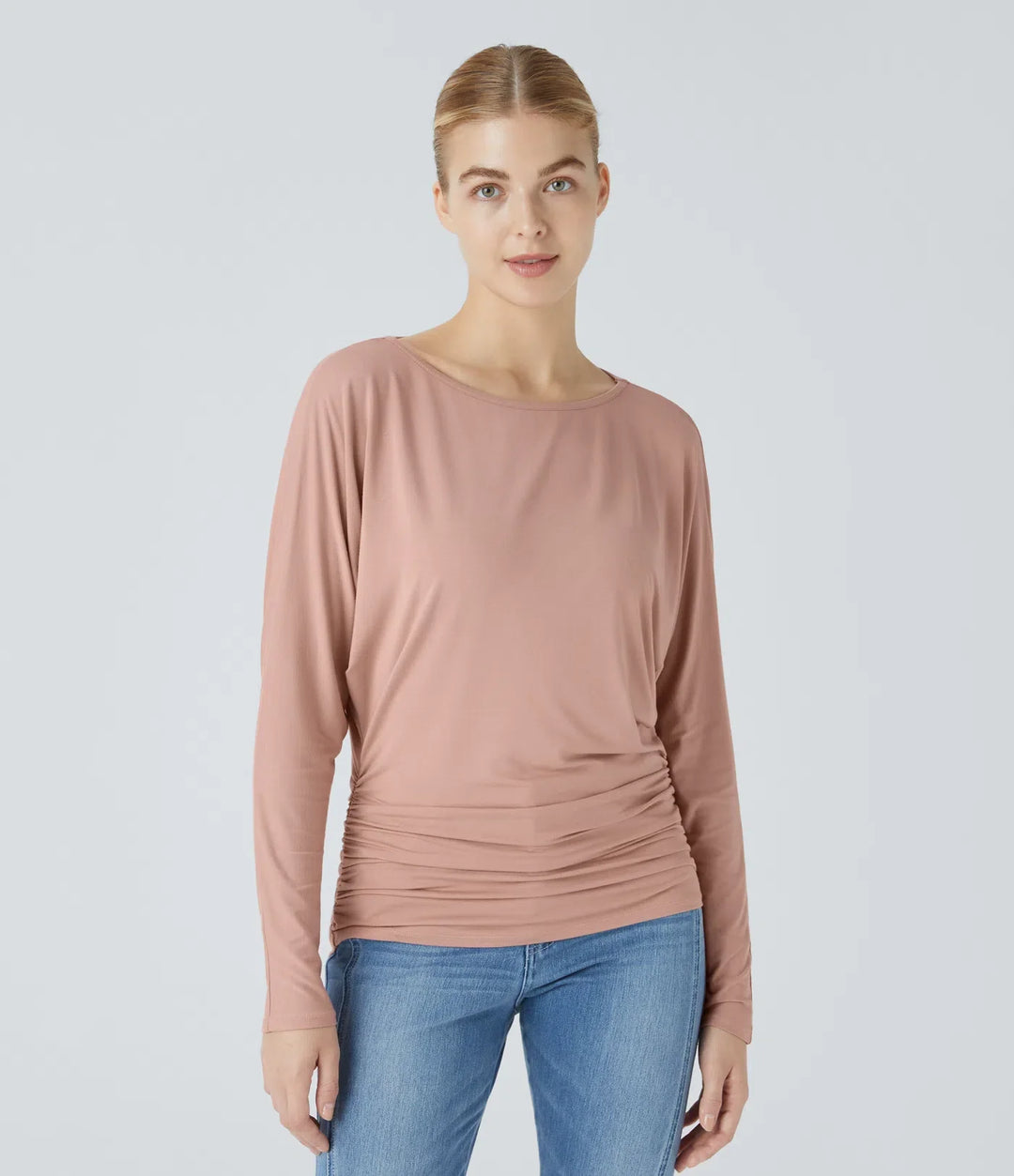Boat Neck Long Sleeve Ruched Casual Top