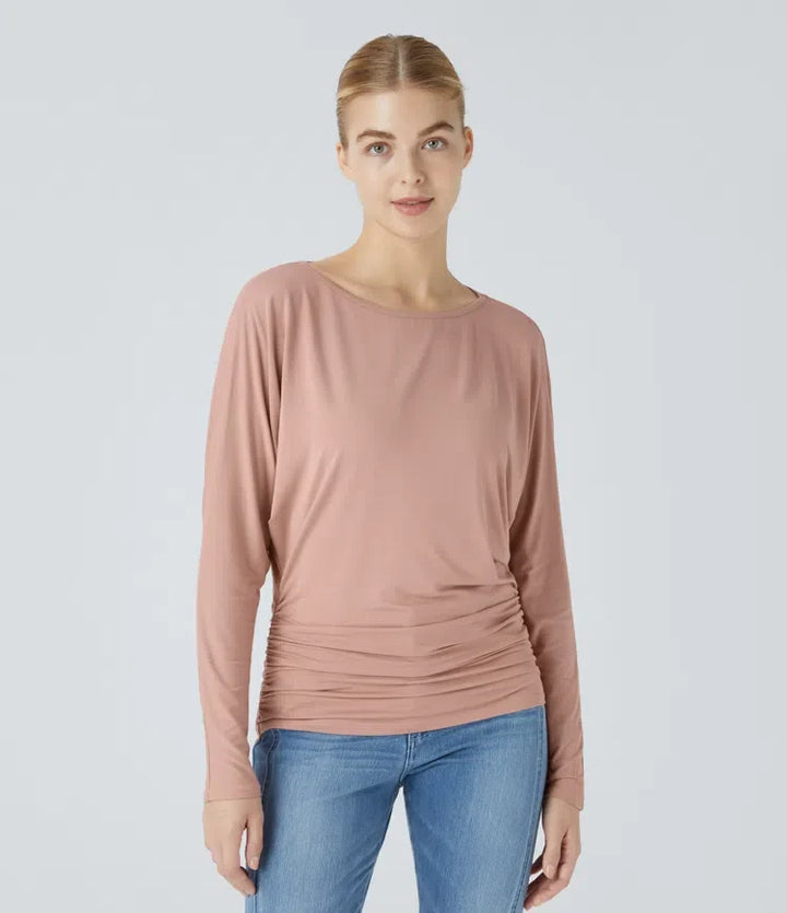 Boat Neck Long Sleeve Ruched Casual Top