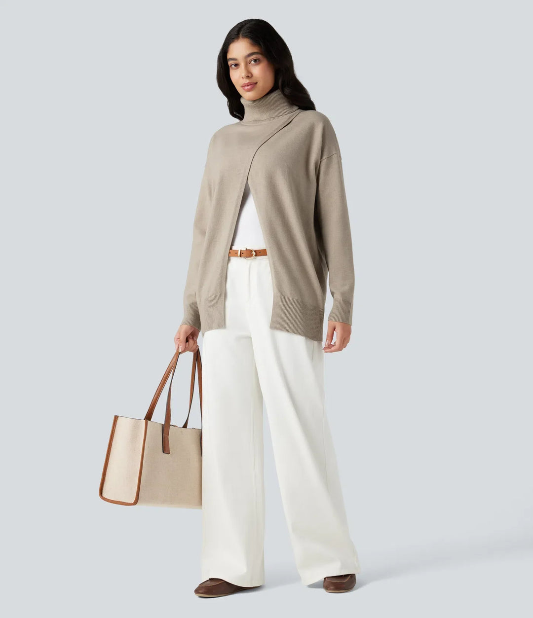 High Neck Long Sleeve Work Sweater-Front and Back Wearable
