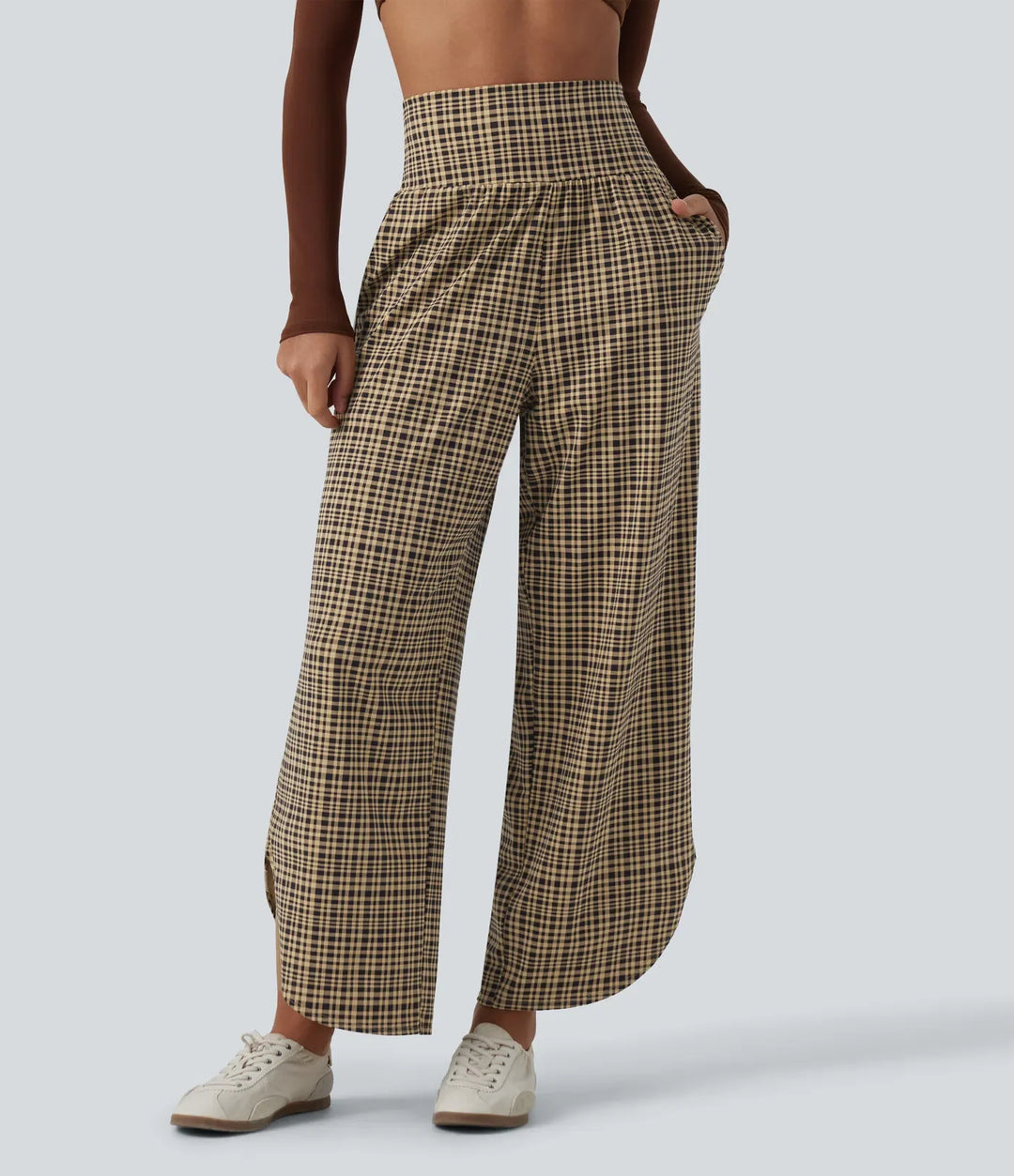 High Waisted Tummy Control Plaid Wide Leg Running Pants with Pockets