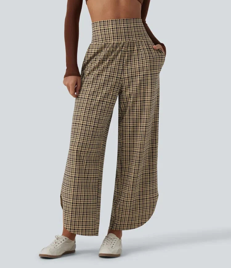 High Waisted Tummy Control Plaid Wide Leg Running Pants with Pockets