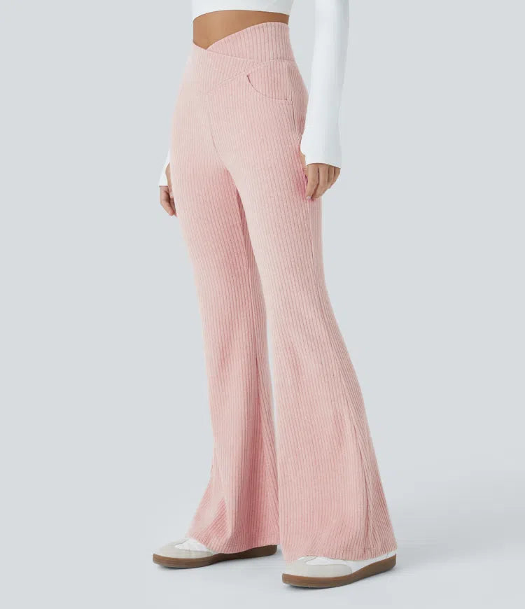 Ribbed Knit Crossover High Waisted Pocket Casual Flare Pants