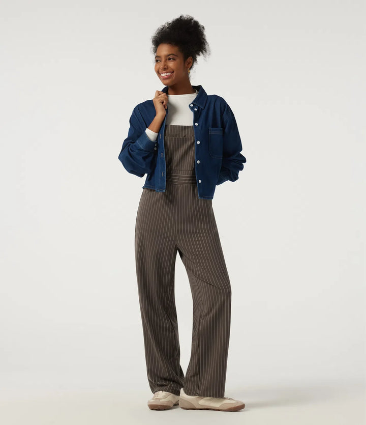 Square Neck Straight Leg Stripe Casual Overalls with Pockets